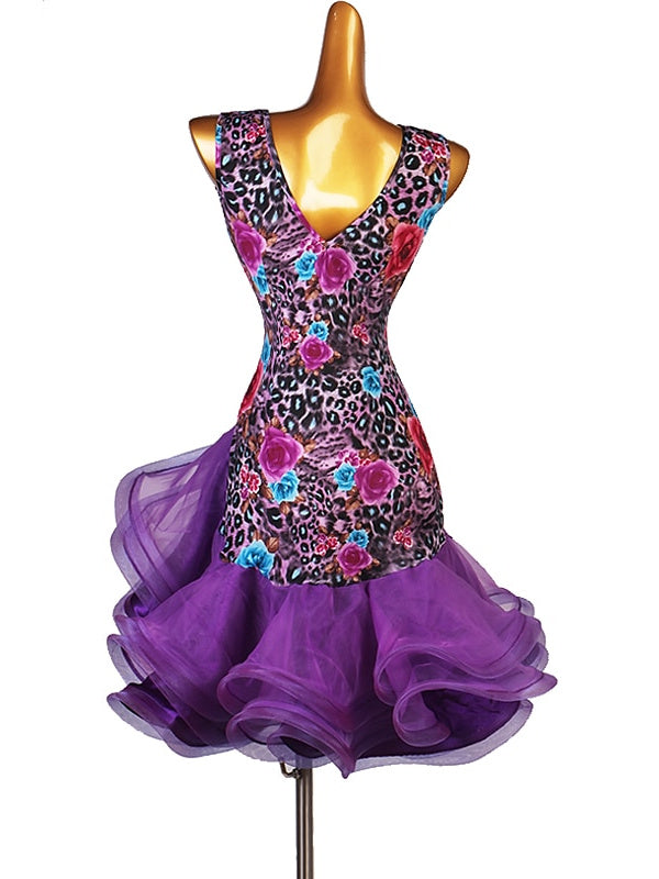 Robe de Danse Latine Salsa à Volants en Cascade avec Fente pour Femme Sans Manches