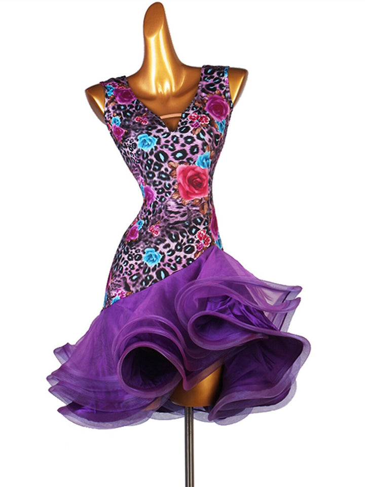 Robe de Danse Latine Salsa à Volants en Cascade avec Fente pour Femme Sans Manches