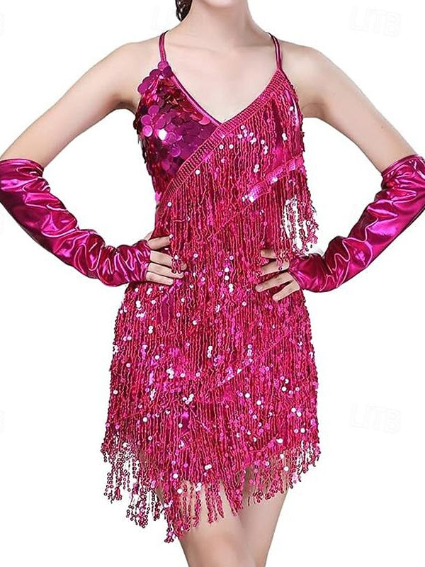 Robe de Danse Latine à Paillettes et Pompons pour Femmes, Robes de Soirée avec Gants