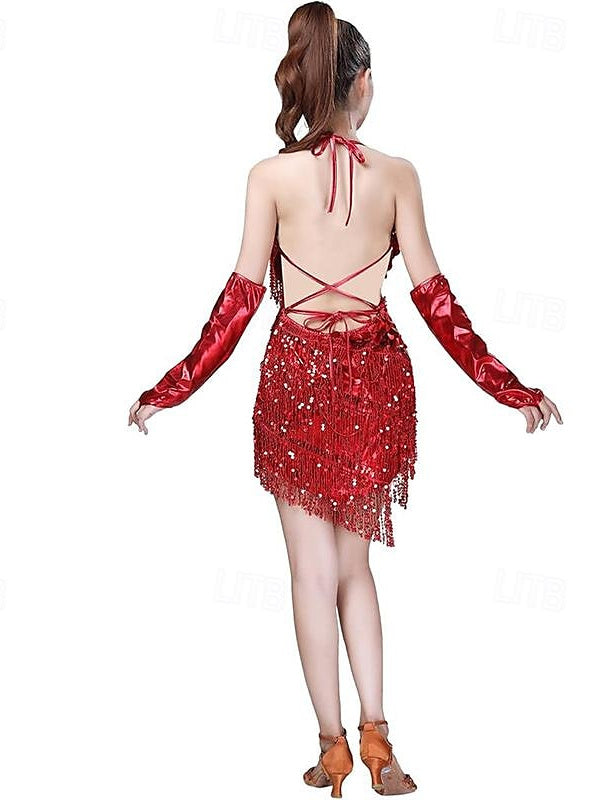 Robe de Danse Latine à Paillettes et Pompons pour Femmes, Robes de Soirée avec Gants