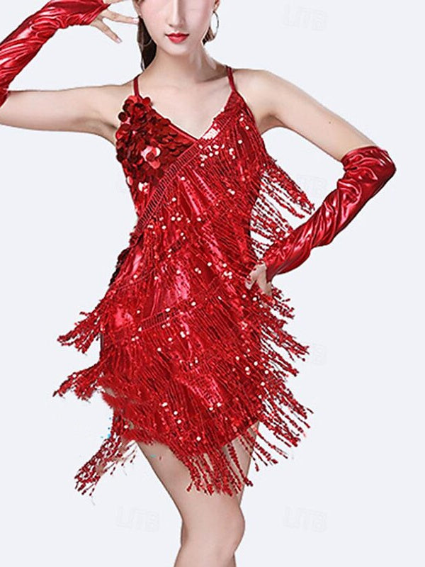 Robe de Danse Latine à Paillettes et Pompons pour Femmes, Robes de Soirée avec Gants