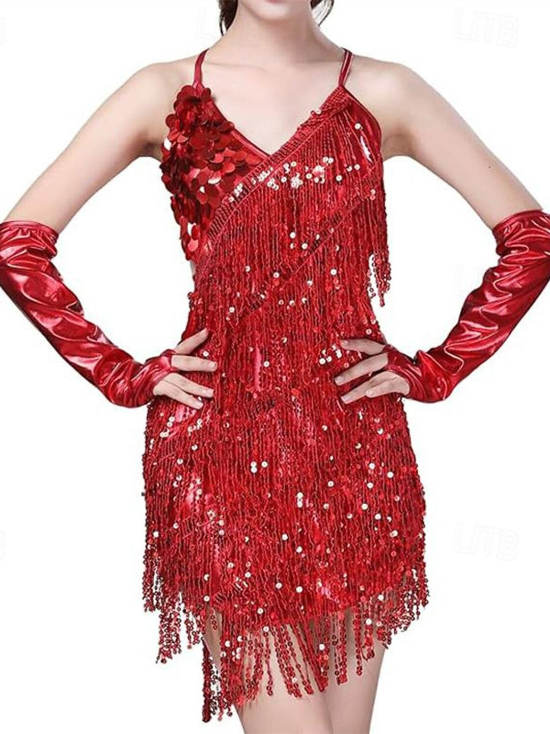 Robe de Danse Latine à Paillettes et Pompons pour Femmes, Robes de Soirée avec Gants