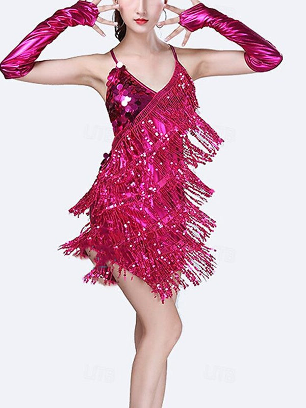 Robe de Danse Latine à Paillettes et Pompons pour Femmes, Robes de Soirée avec Gants