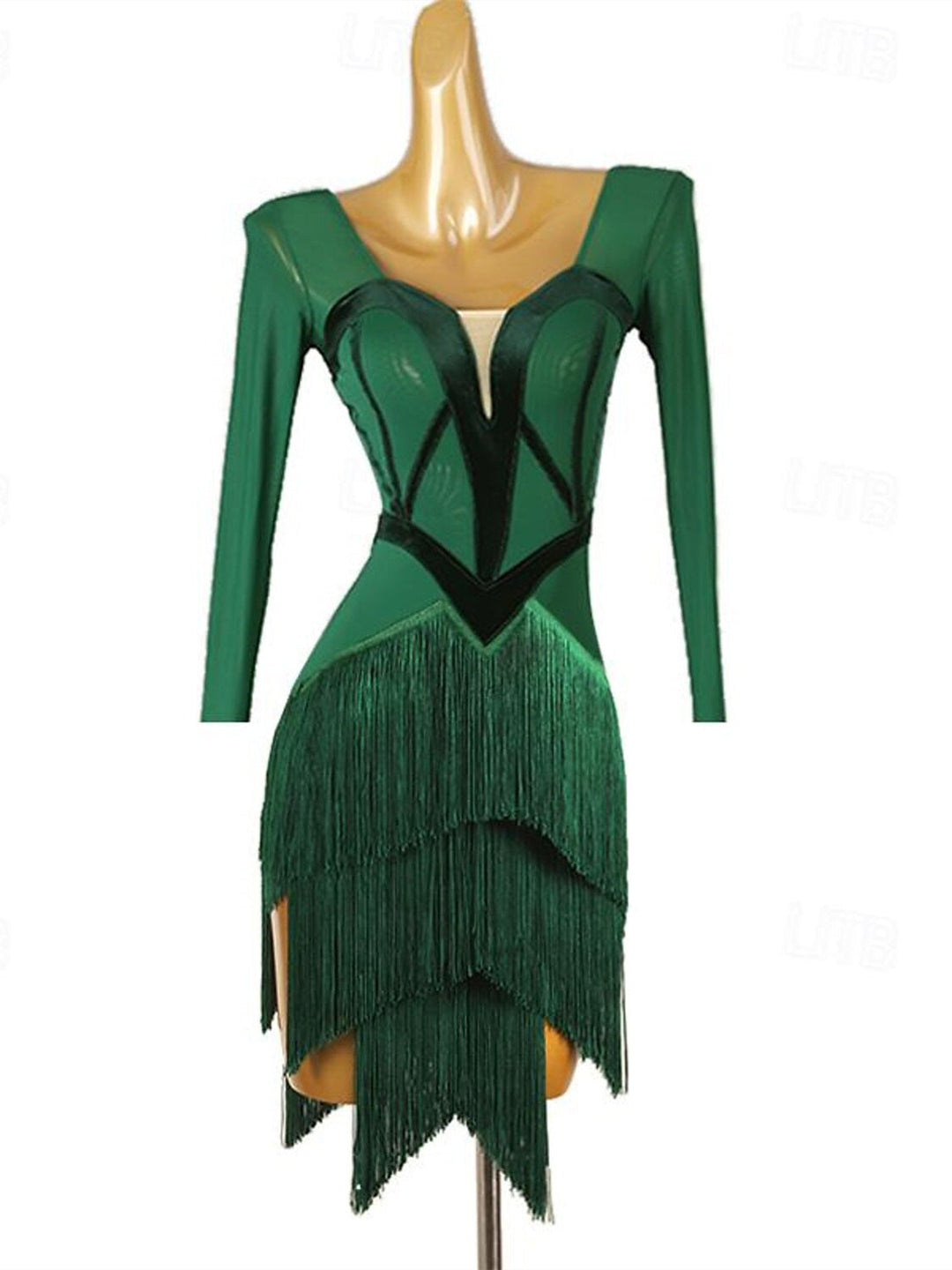 Robe de Danse Latine à Pompons pour Femme, Tenue D'Entraînement de Performance à Manches Longues