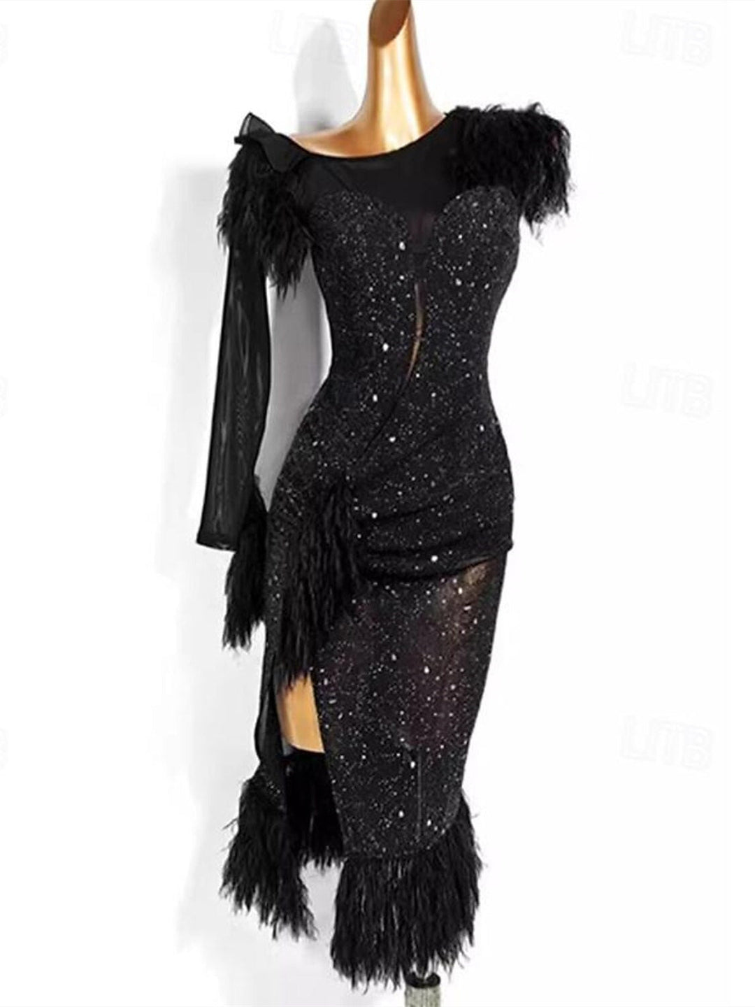 Robe de Danse de Salon Latine à Pompons, Épissure de Couleur Pure, Entraînement de Performance pour Femmes, Manches Longues