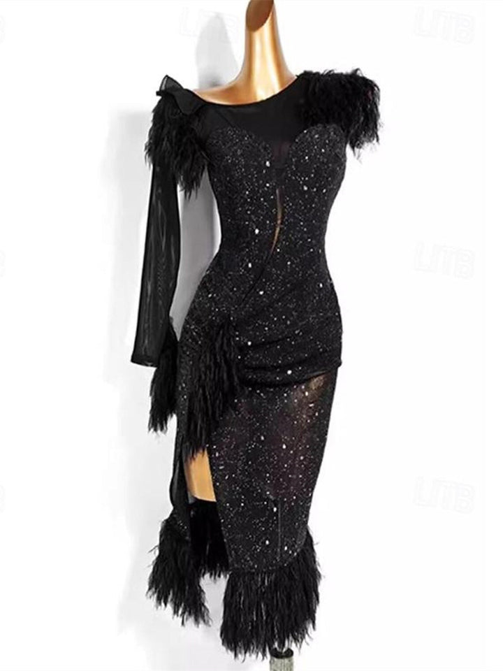 Robe de Danse de Salon Latine à Pompons, Épissure de Couleur Pure, Entraînement de Performance pour Femmes, Manches Longues