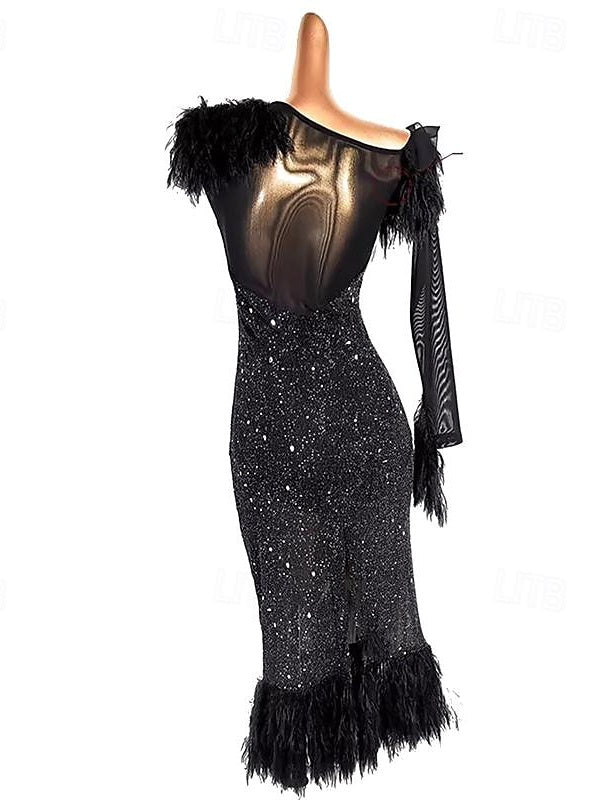 Robe de Danse de Salon Latine à Pompons, Épissure de Couleur Pure, Entraînement de Performance pour Femmes, Manches Longues