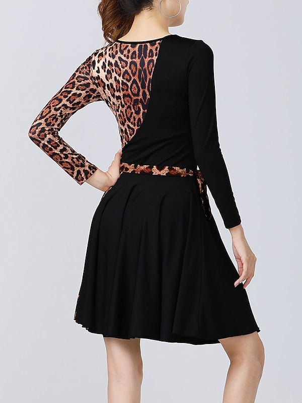 Robe de Danse Latine à Imprimé Léopard pour Femme, Tenue D'Entraînement à Manches Longues