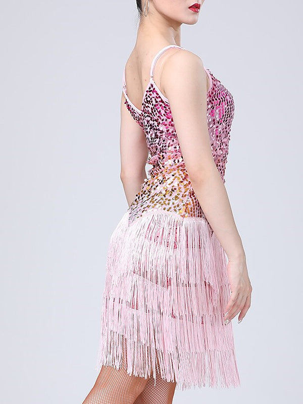 Robe de Danse Latine Dancewera pour Femmes, avec Pompons et Paillettes, pour Spectacle Sans Manches