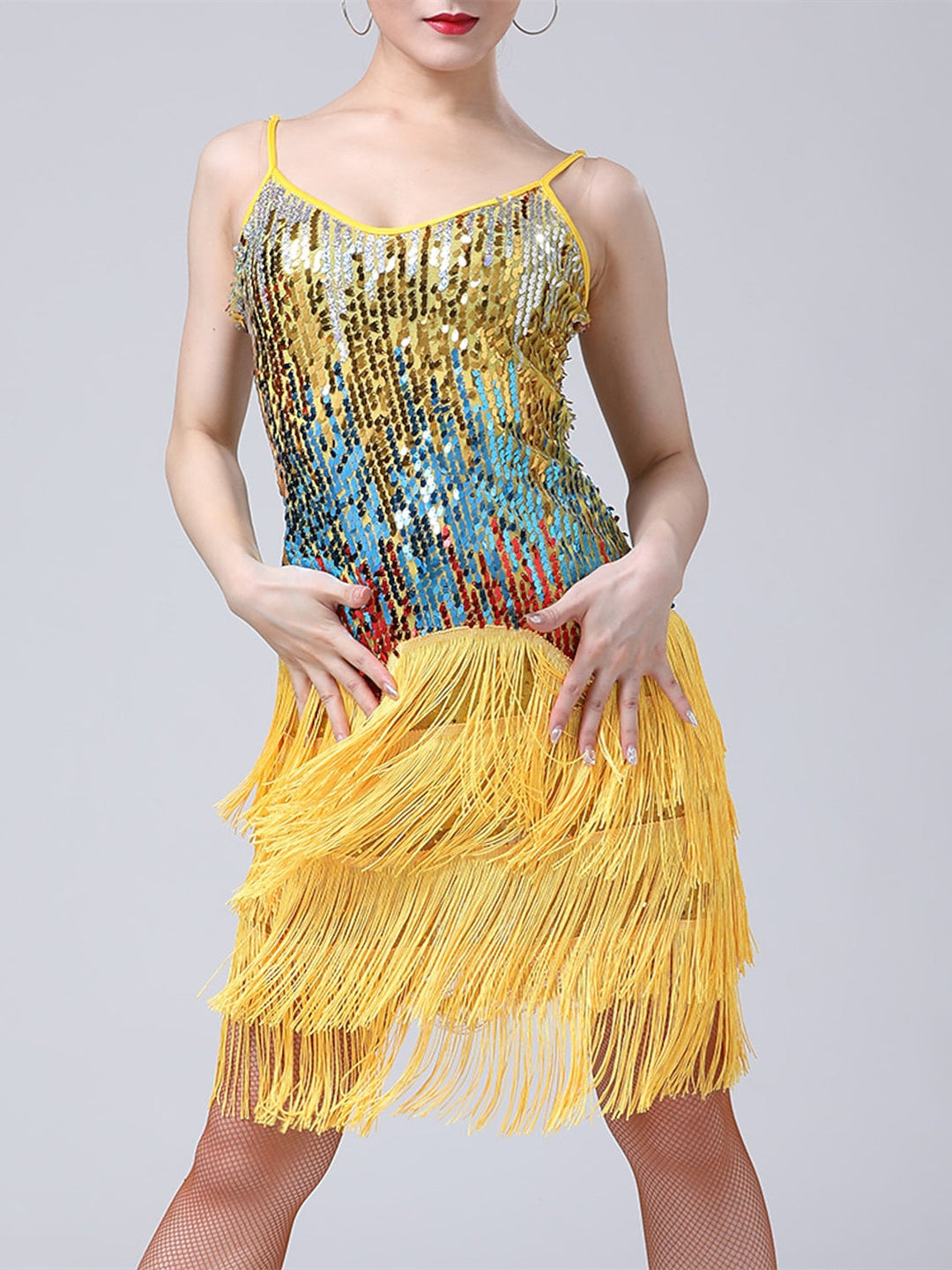 Robe de Danse Latine Dancewera pour Femmes, avec Pompons et Paillettes, pour Spectacle Sans Manches