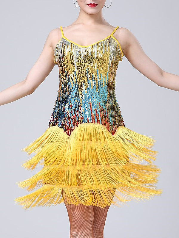 Robe de Danse Latine Dancewera pour Femmes, avec Pompons et Paillettes, pour Spectacle Sans Manches