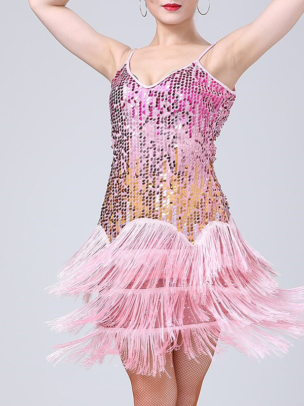 Robe de Danse Latine Dancewera pour Femmes, avec Pompons et Paillettes, pour Spectacle Sans Manches