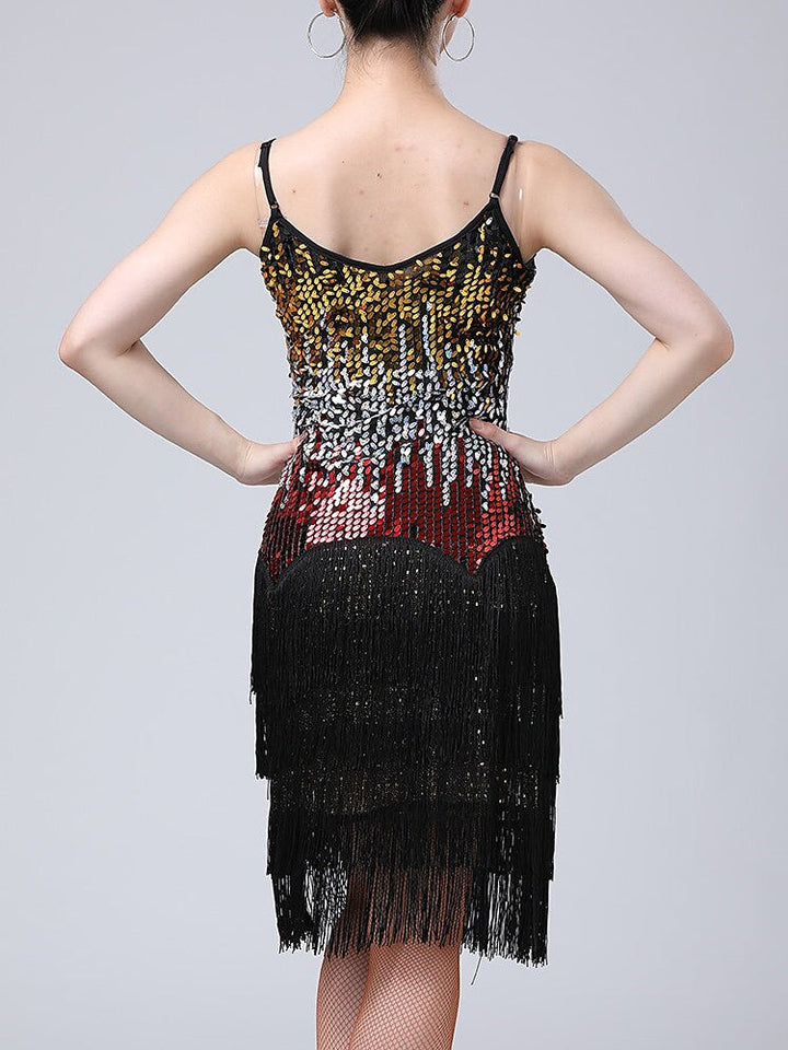 Robe de Danse Latine Dancewera pour Femmes, avec Pompons et Paillettes, pour Spectacle Sans Manches