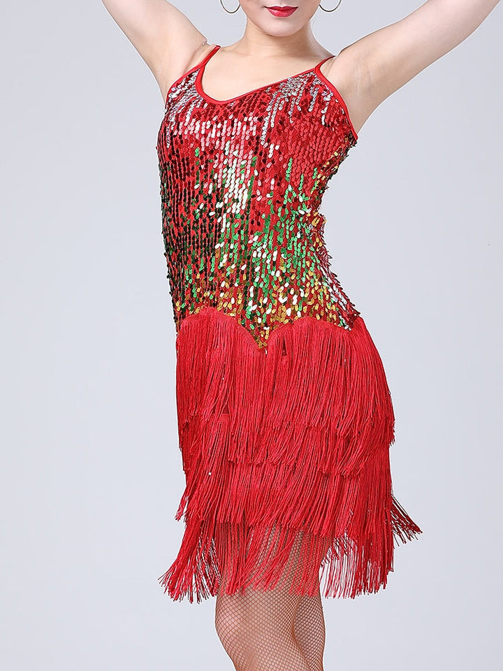 Robe de Danse Latine Dancewera pour Femmes, avec Pompons et Paillettes, pour Spectacle Sans Manches
