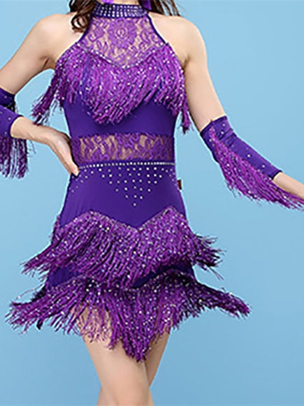 Robe de Danse Latine en Dentelle à Franges et Pompons pour Femme® - Sans Manches - pour Entraînement et Performance