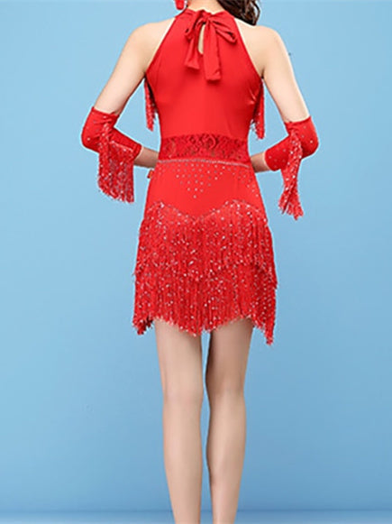 Robe de Danse Latine en Dentelle à Franges et Pompons pour Femme® - Sans Manches - pour Entraînement et Performance