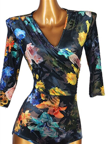 Justaucorps de Danse Latine/Combinaison à Manches Courtes en Élasthanne pour Femme