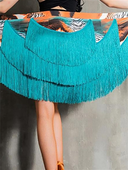 Jupes de Danse de Salon de Danse Latine, Imprimé Léopard, Pompon, Entraînement de Performance pour Femmes, Haut en Élasthanne