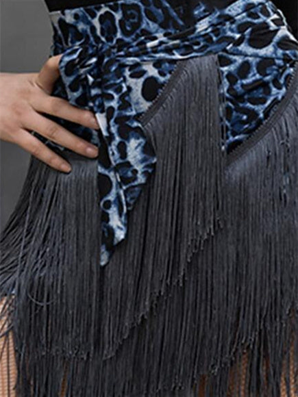 Jupes de Danse de Salon de Danse Latine, Imprimé Léopard, Pompon, Entraînement de Performance pour Femmes, Haut en Élasthanne