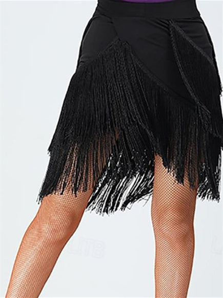 Jupes de Danse de Salon de Danse Latine, Imprimé Léopard, Pompon, Entraînement de Performance pour Femmes, Haut en Élasthanne