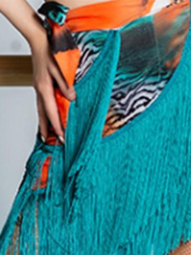 Jupes de Danse de Salon de Danse Latine, Imprimé Léopard, Pompon, Entraînement de Performance pour Femmes, Haut en Élasthanne