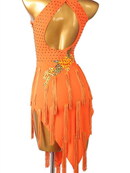 Robe de Danse Latine à Pampilles et Cristaux/Strass pour Femme, Tenue D'Entraînement Sans Manches en Élasthanne