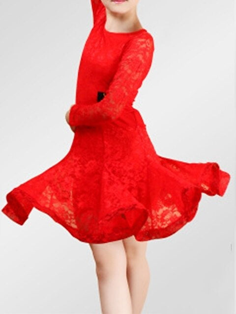 Robe de Danse Latine pour Enfants, en Dentelle, Froncée, Manches Longues, en Élasthanne, pour Filles