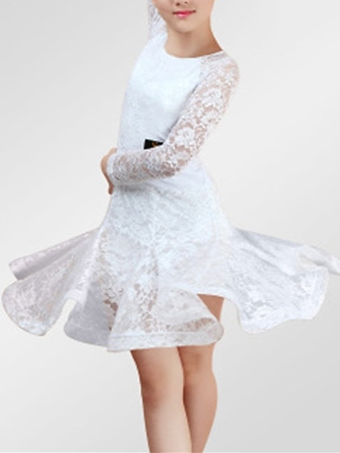 Robe de Danse Latine pour Enfants, en Dentelle, Froncée, Manches Longues, en Élasthanne, pour Filles