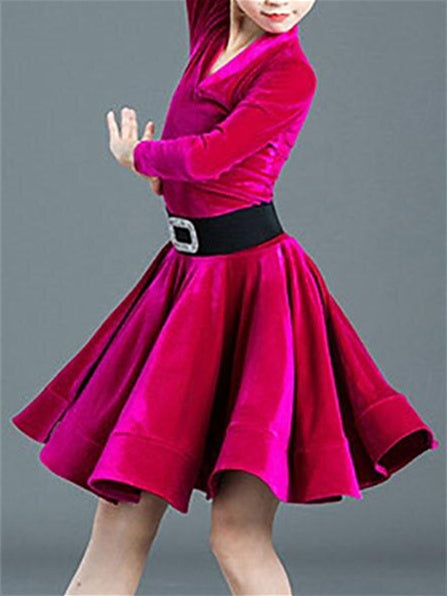 Robe de Danse Latine pour Enfants, Couleur Unie, Manches Longues, Col en V, Performance pour Filles, Polyester