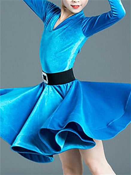 Robe de Danse Latine pour Enfants, Couleur Unie, Manches Longues, Col en V, Performance pour Filles, Polyester