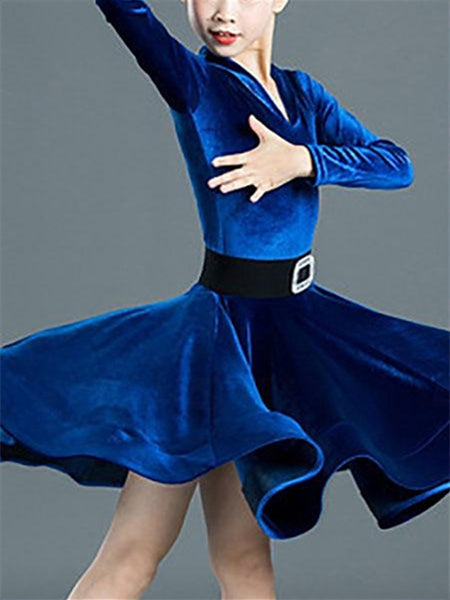 Robe de Danse Latine pour Enfants, Couleur Unie, Manches Longues, Col en V, Performance pour Filles, Polyester