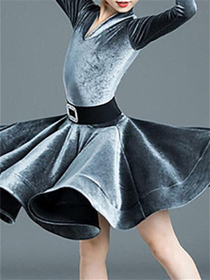 Robe de Danse Latine pour Enfants, Couleur Unie, Manches Longues, Col en V, Performance pour Filles, Polyester