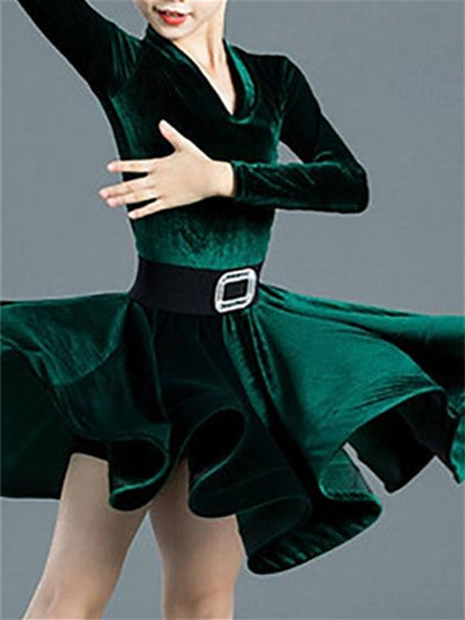 Robe de Danse Latine pour Enfants, Couleur Unie, Manches Longues, Col en V, Performance pour Filles, Polyester