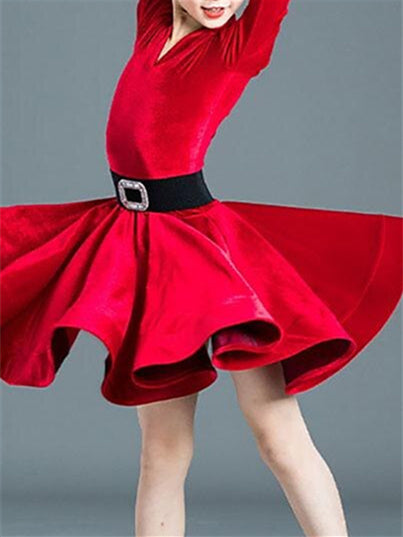 Robe de Danse Latine pour Enfants, Couleur Unie, Manches Longues, Col en V, Performance pour Filles, Polyester
