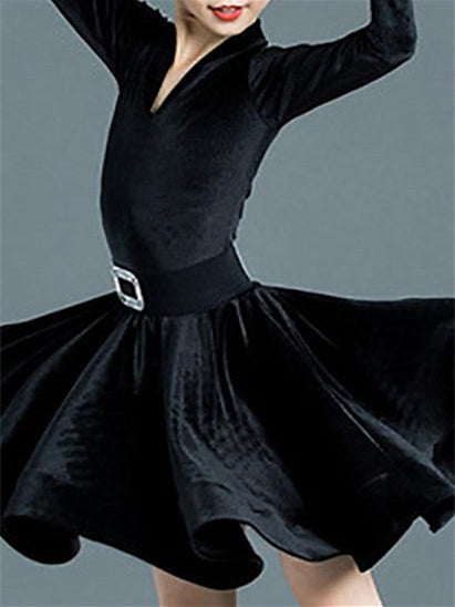 Robe de Danse Latine pour Enfants, Couleur Unie, Manches Longues, Col en V, Performance pour Filles, Polyester