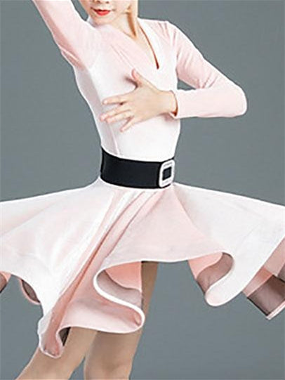 Robe de Danse Latine pour Enfants, Couleur Unie, Manches Longues, Col en V, Performance pour Filles, Polyester
