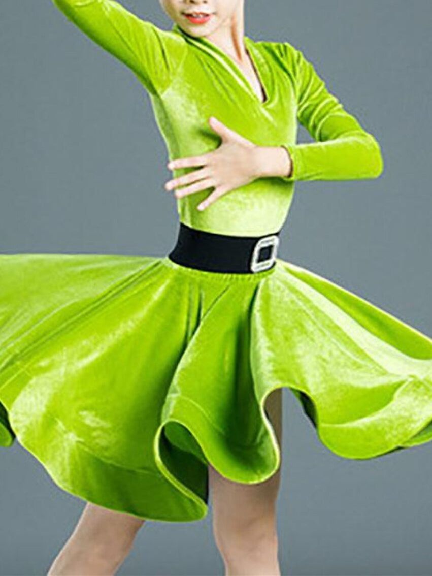 Robe de Danse Latine pour Enfants, Couleur Unie, Manches Longues, Col en V, Performance pour Filles, Polyester