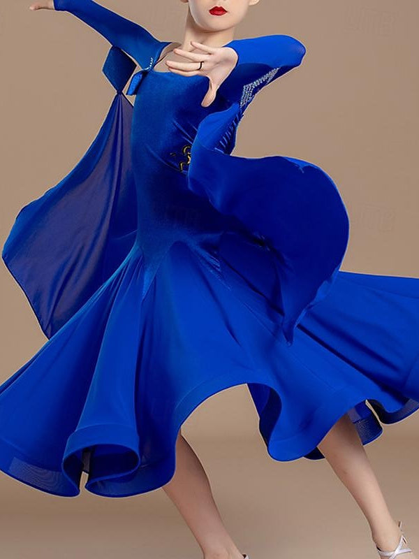 Robe de Danse pour Enfants avec Épissure à Épaules Dénudées et Manches Longues pour Filles, Performance et Maille en Velours