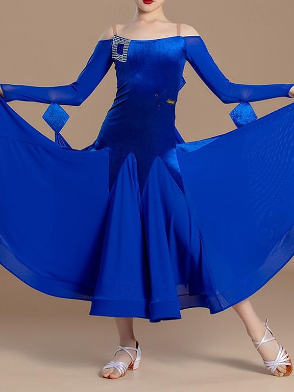 Robe de Danse pour Enfants avec Épissure à Épaules Dénudées et Manches Longues pour Filles, Performance et Maille en Velours