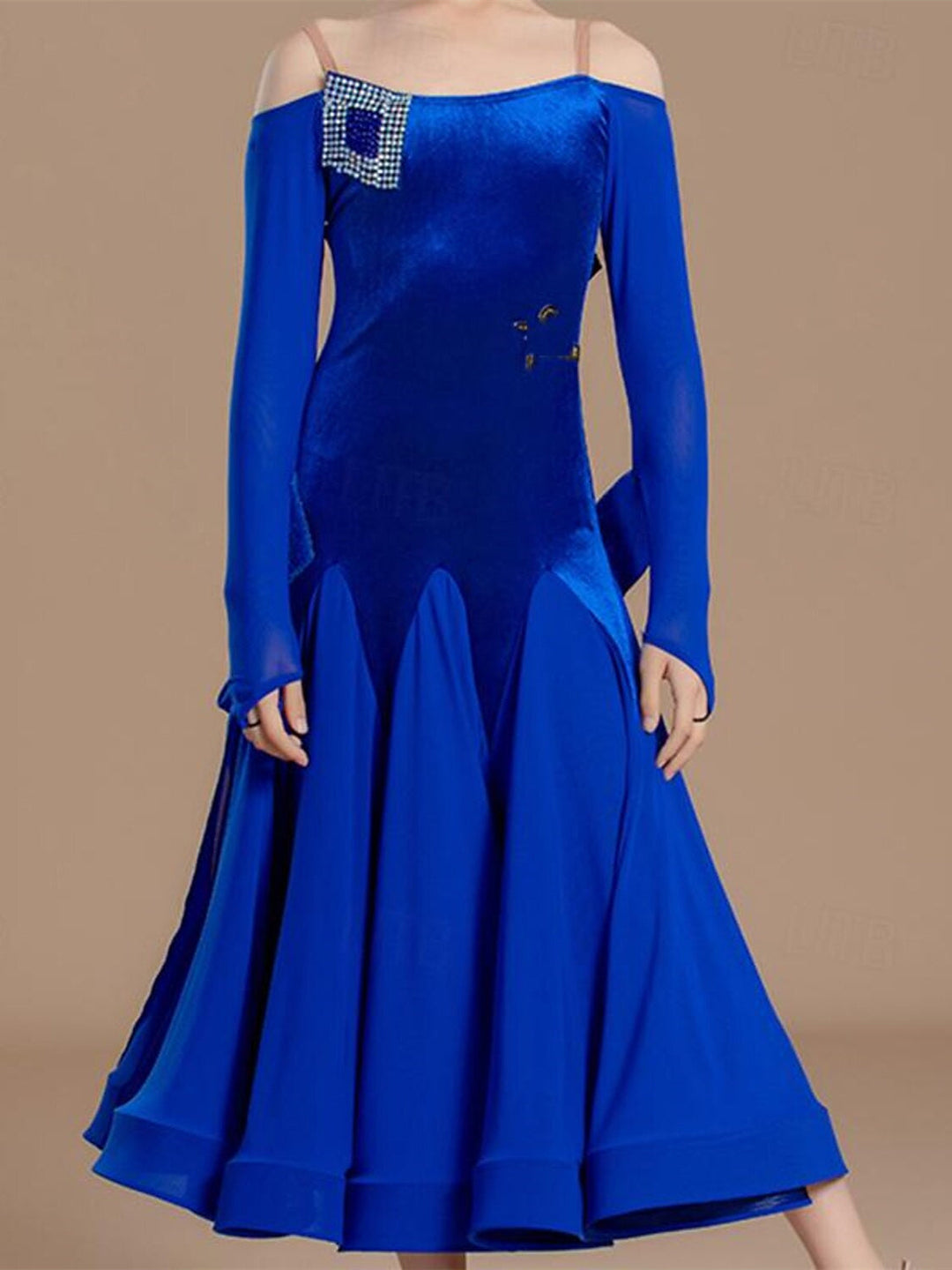 Robe de Danse pour Enfants avec Épissure à Épaules Dénudées et Manches Longues pour Filles, Performance et Maille en Velours