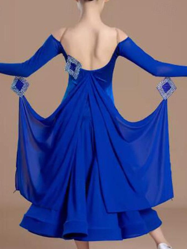 Robe de Danse pour Enfants avec Épissure à Épaules Dénudées et Manches Longues pour Filles, Performance et Maille en Velours