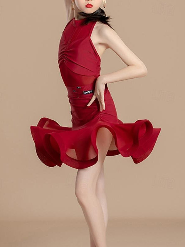 Vêtements de Danse Latine pour Enfants, Col Haut, Sans Manches, Épissage, Performance et Lycra pour Filles