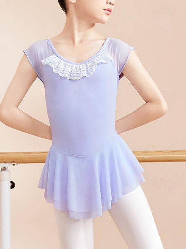 Robe de Danse pour Enfants, Robe de Ballet, Volants, Épissure de Couleur Pure, Manches Courtes, Mélange de Coton et de Performance pour Filles