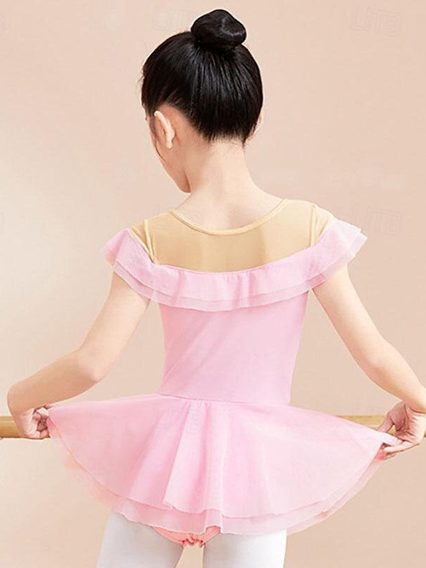 Vêtements de Danse pour Enfants, Nœud Papillon, Volants, Couleur Unie, Manches Courtes, Mélange de Coton, Performance pour Filles