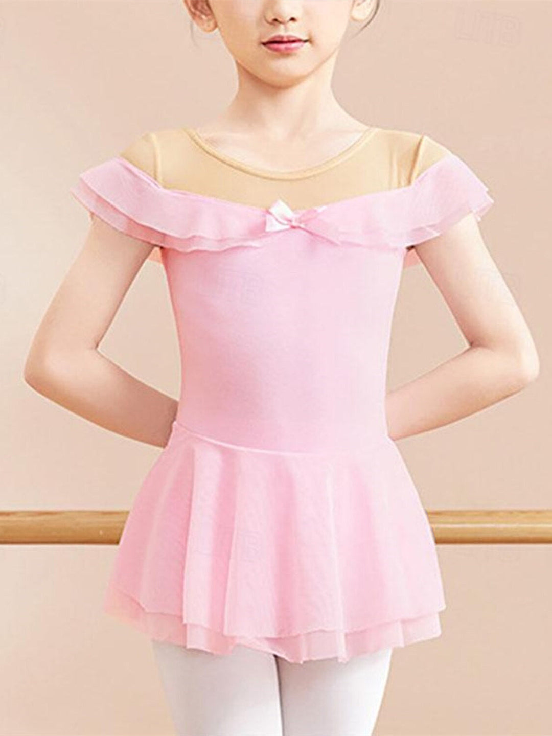 Vêtements de Danse pour Enfants, Nœud Papillon, Volants, Couleur Unie, Manches Courtes, Mélange de Coton, Performance pour Filles