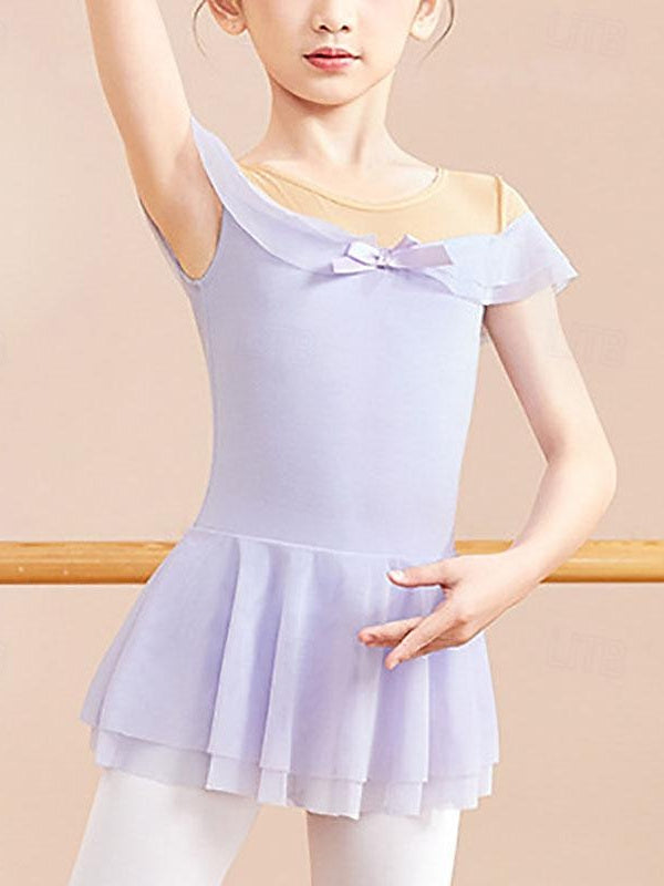 Vêtements de Danse pour Enfants, Nœud Papillon, Volants, Couleur Unie, Manches Courtes, Mélange de Coton, Performance pour Filles