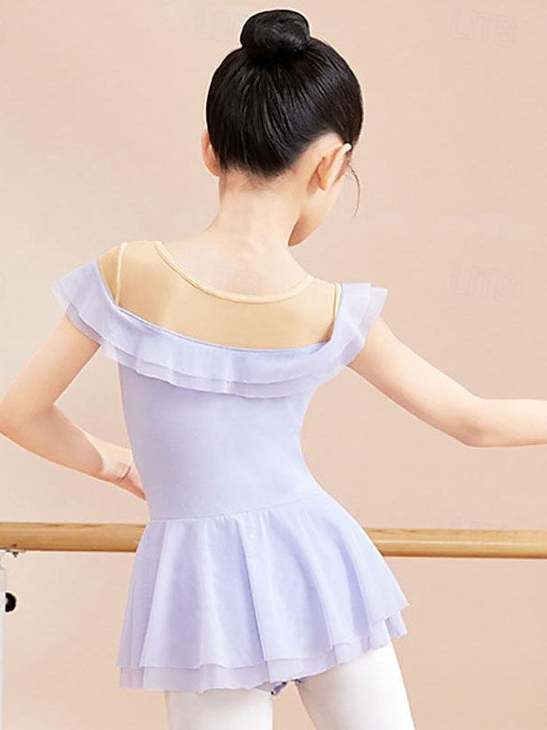 Vêtements de Danse pour Enfants, Nœud Papillon, Volants, Couleur Unie, Manches Courtes, Mélange de Coton, Performance pour Filles