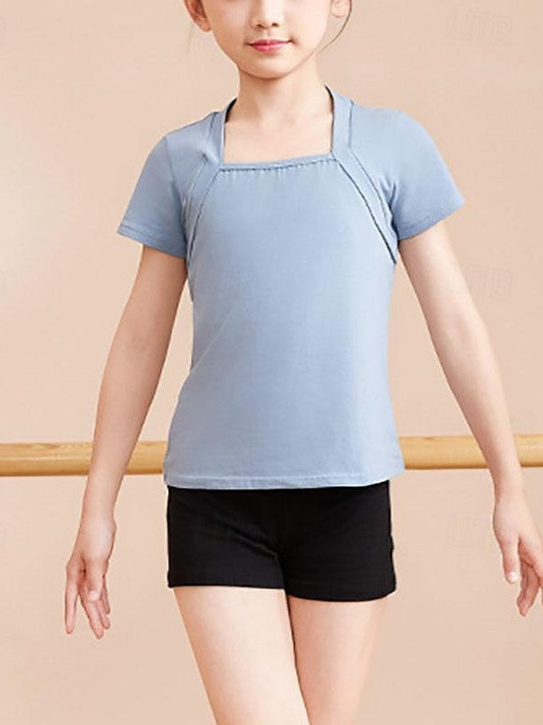 Vêtements de Danse pour Enfants, Mélange de Coton et de Performance à Manches Courtes pour Filles, Couleur Unie