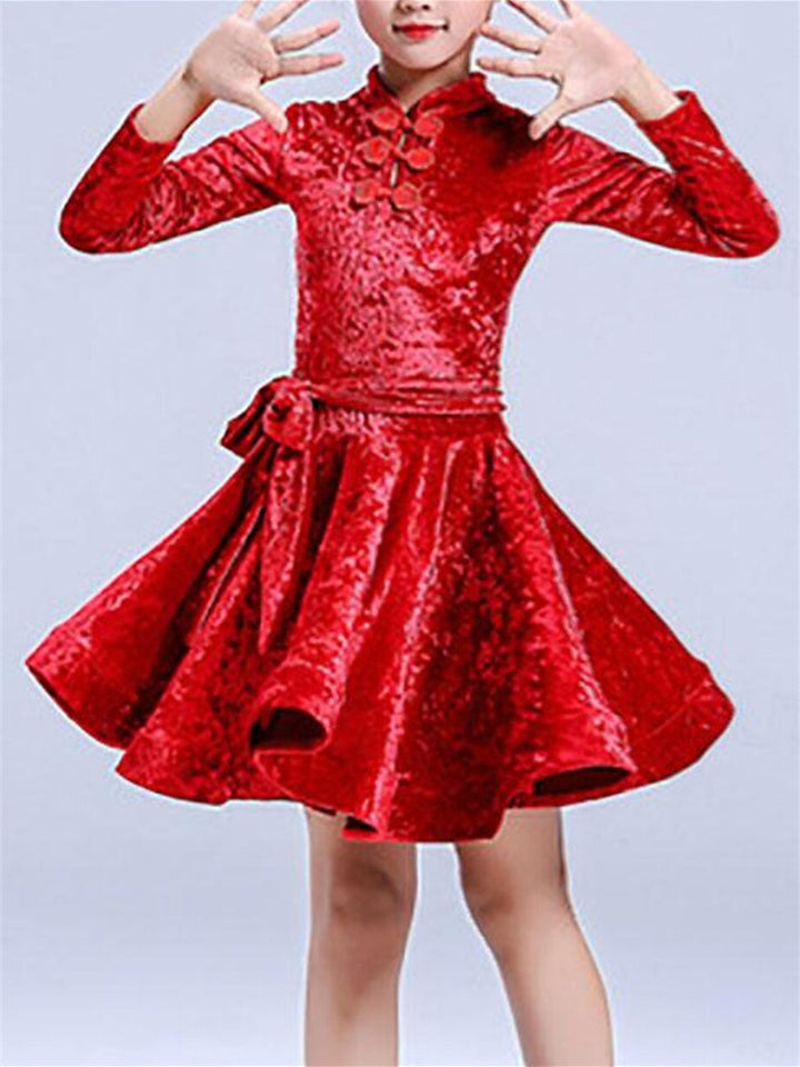Robe de Danse Latine pour Enfants, Couleur Pure, Manches Longues, pour Filles, Performance et Térylène