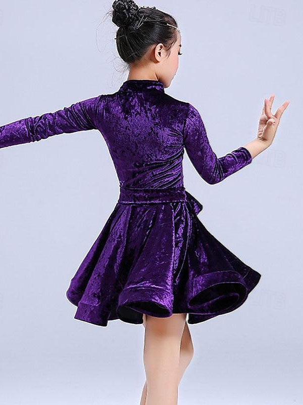Robe de Danse Latine pour Enfants, Couleur Pure, Manches Longues, pour Filles, Performance et Térylène